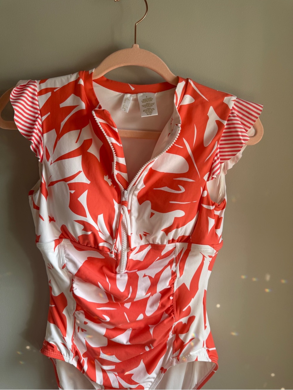 Tropical Anne Cole Coral Swimsuit Zip Front Ruffle Sleeves Size 6 - Never Worn - Picture 3 of 9